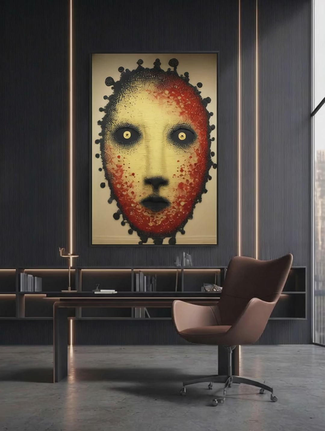 Crimson Presence – Surreal Folk Stipple Mask Wall Art 588